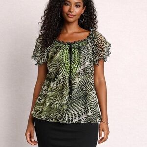 Raga Boho Blouse With Mixed Print Sequin Embellishments Short Sleeve Size Medium